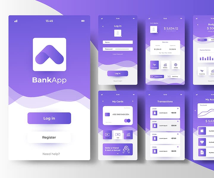 Purple and white pages of the application