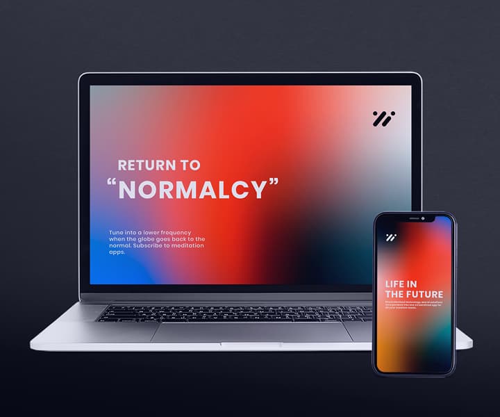 On a gray-dark background, there is an open laptop with a feed page and the caption “Normalcy,” next to it in the foreground is a smartphone with the same open page.