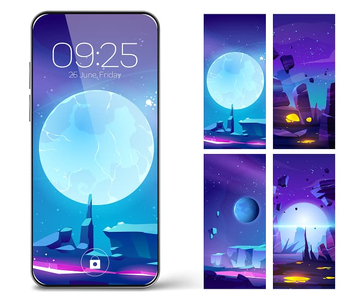A smartphone with a screensaver depicting a night city and a large moon, along with four screenshots with similar screensavers.